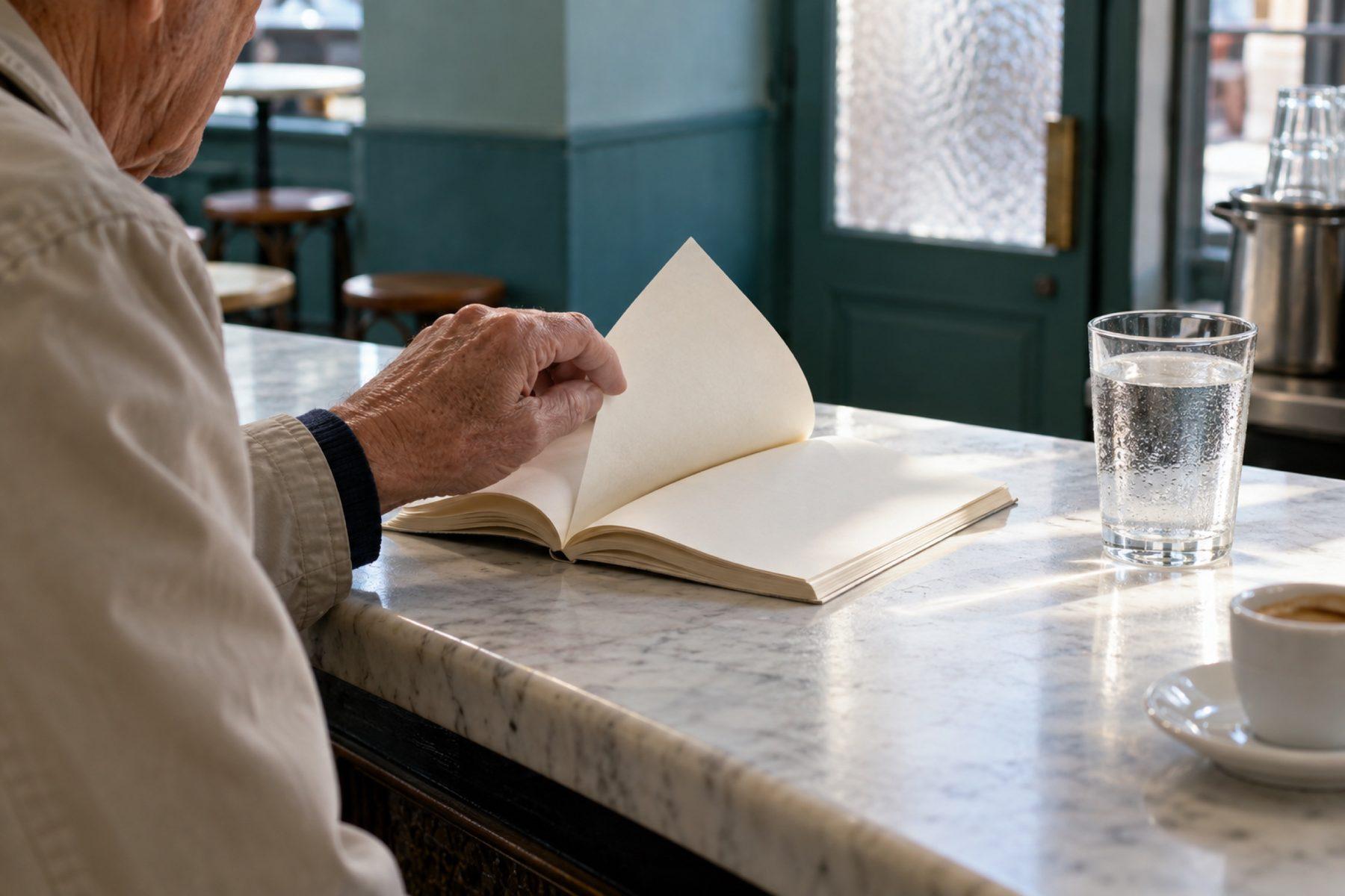 Un libro abierto y un vaso de agua en la barra de mármol de un bar de barrio, por la mañana