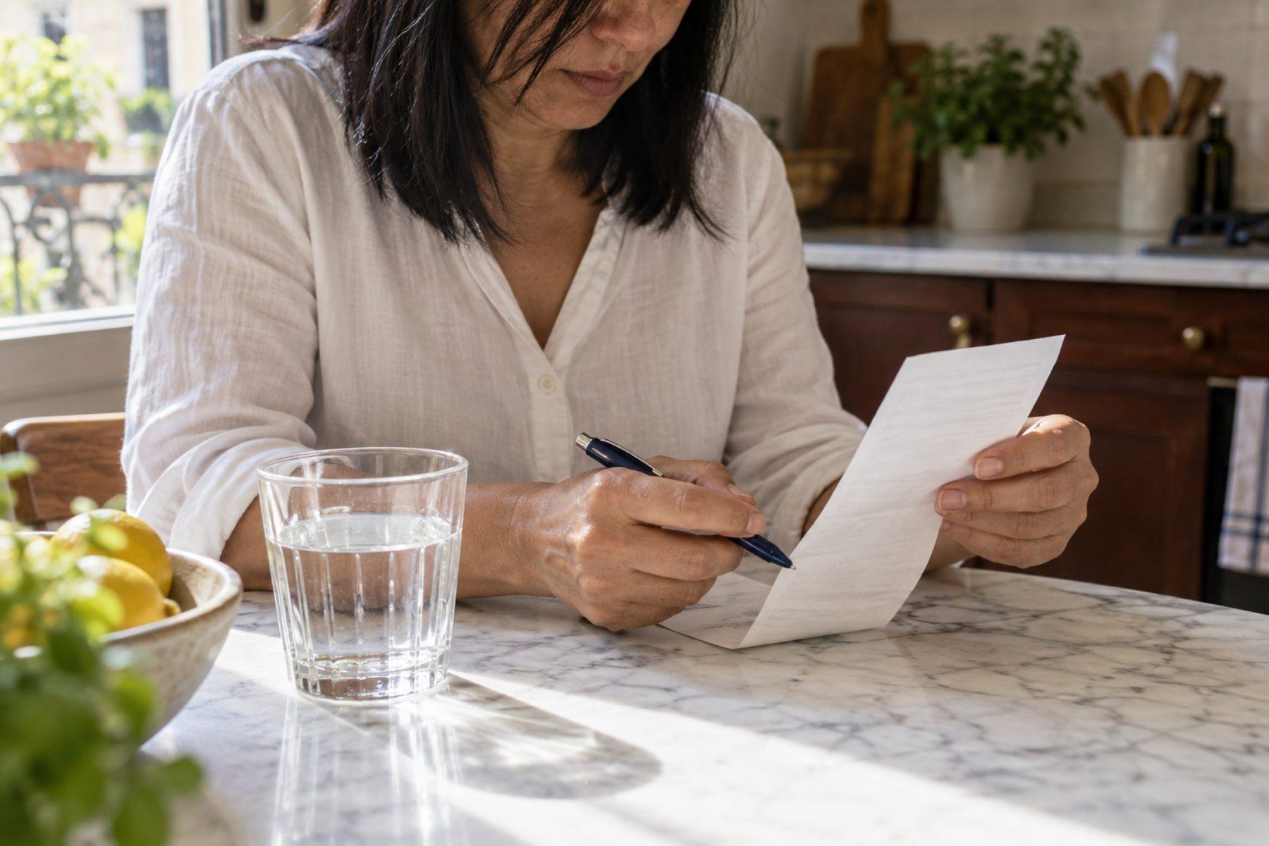 Una mujer hace cuentas con un papel en la mesa de la cocina, con un vaso de agua al lado