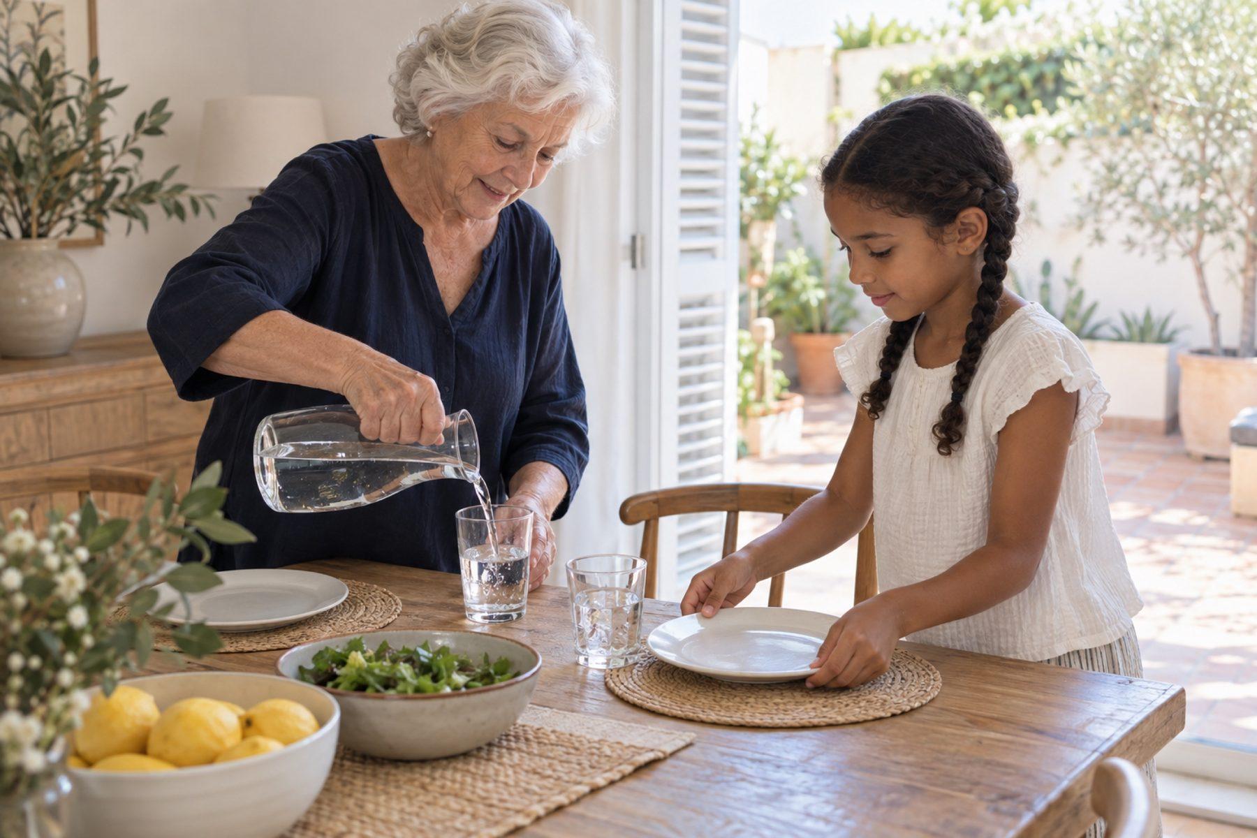 Una abuela sirve agua de una jarra mientras su nieta pone la mesa