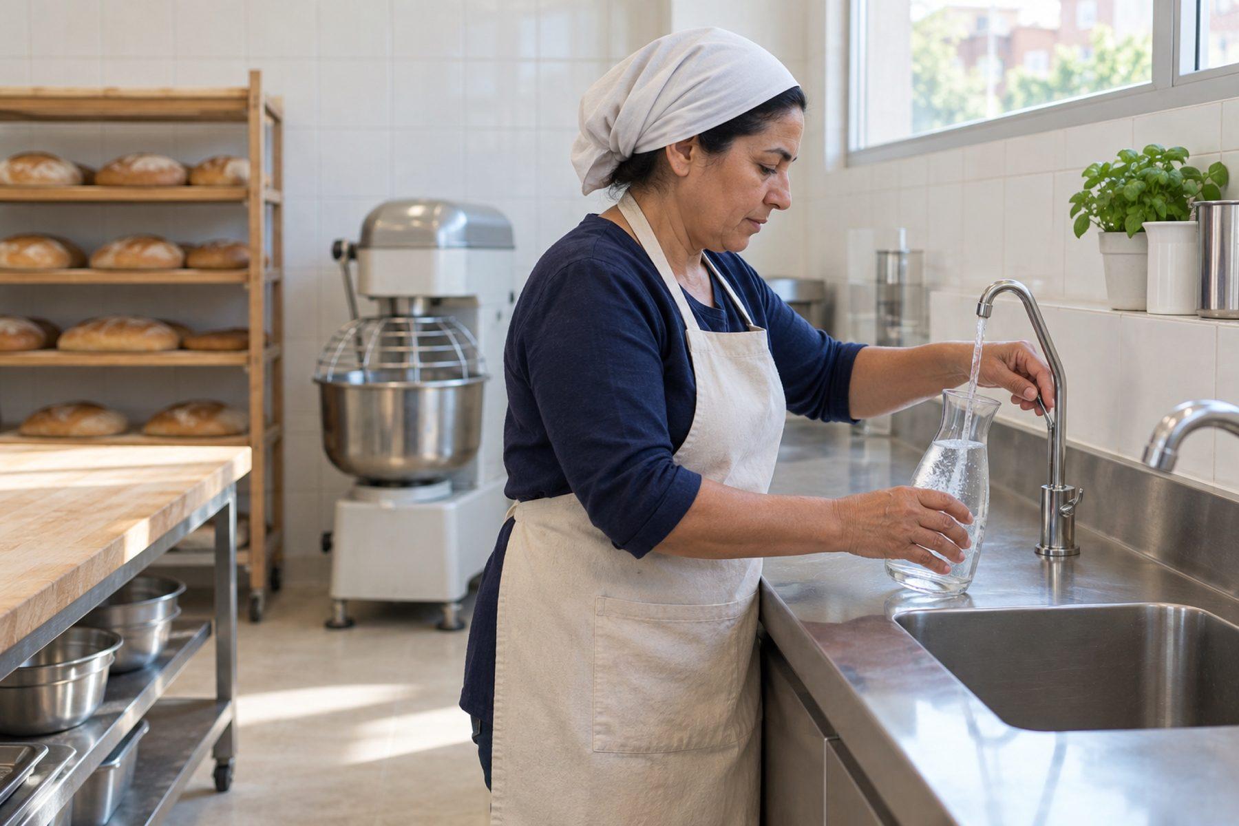 Una panadera llena una jarra de agua en el grifo del obrador