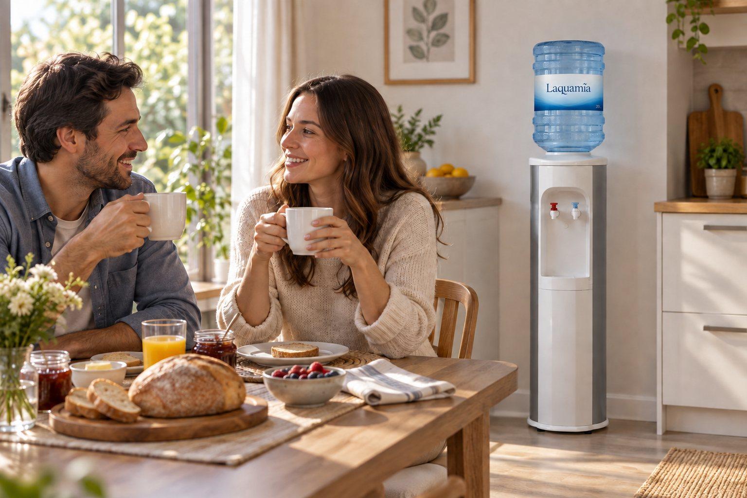 Una pareja desayuna en la cocina; al fondo, el dispensador con una garrafa de Laquamía