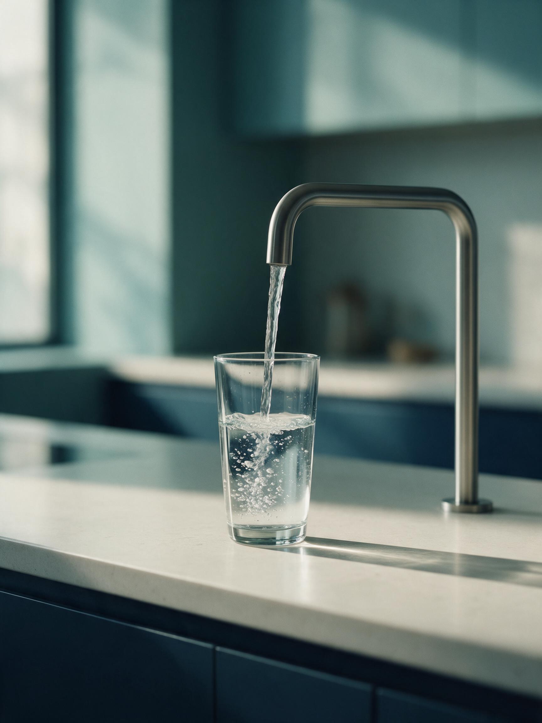 Un vaso de vidrio se llena en el grifo de la cocina