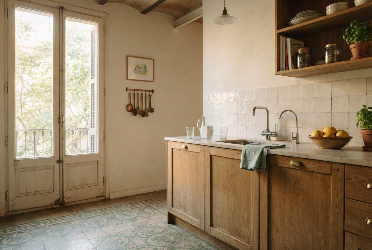 Cocina de un piso del Eixample con suelo de mosaico hidráulico y, junto al grifo de siempre, un grifo aparte para el agua de beber