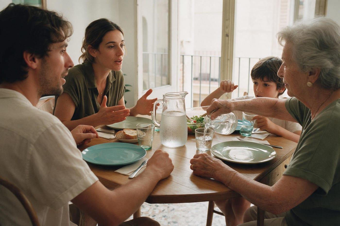 Tres generaciones comen en casa, con la abuela sirviendo agua de la jarra al nieto
