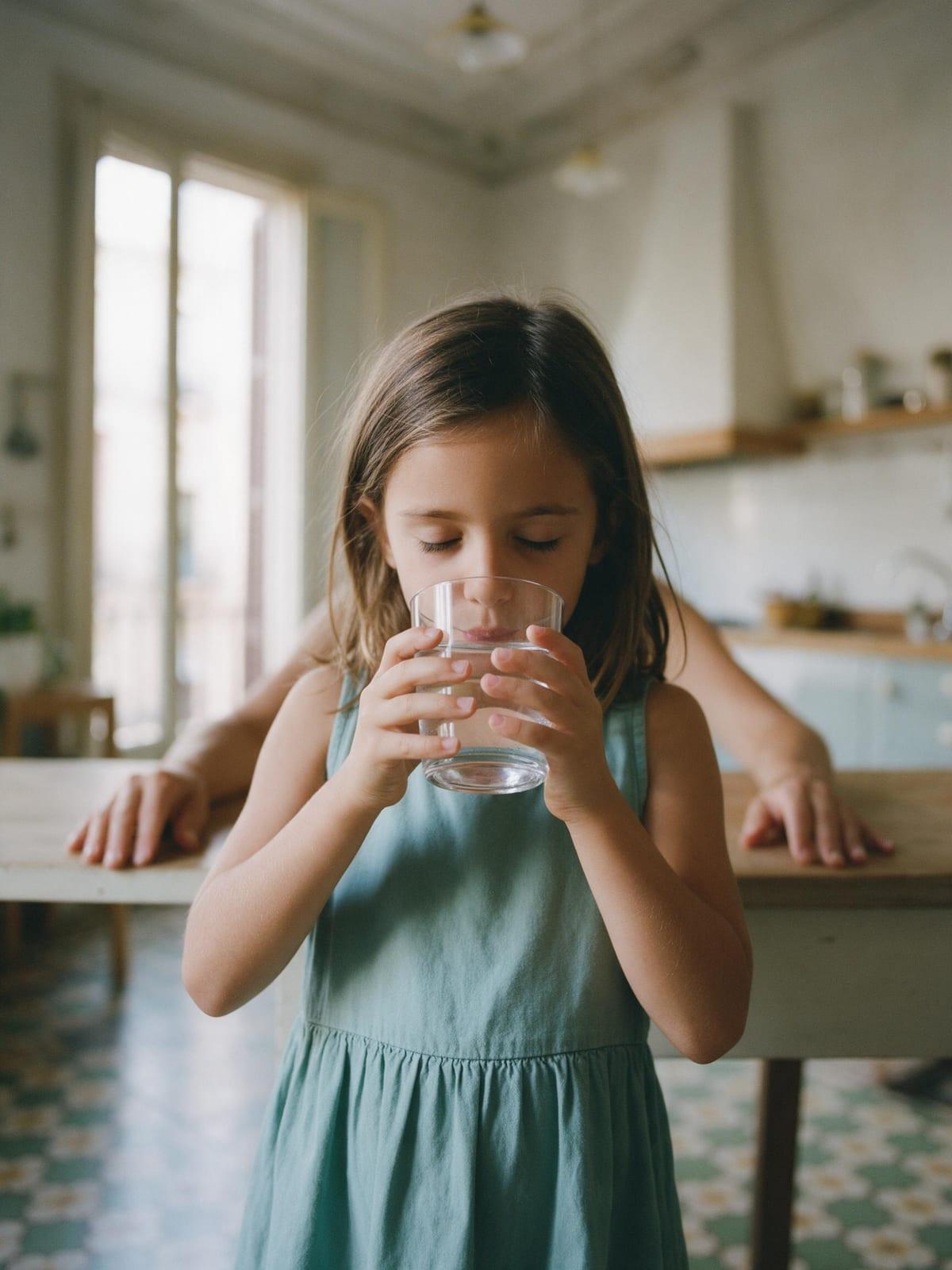Una niña bebe un vaso de agua en la cocina de casa, con el balcón detrás