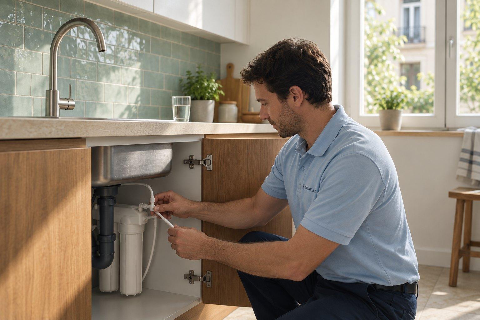 Un técnico conecta el equipo de ósmosis dentro del mueble de la cocina
