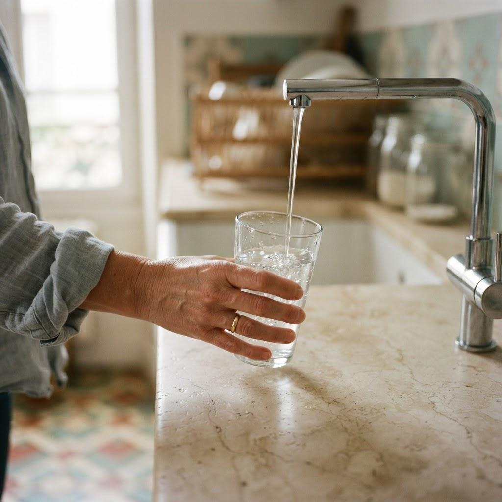 Una mano sostiene un vaso bajo el grifo del agua de beber