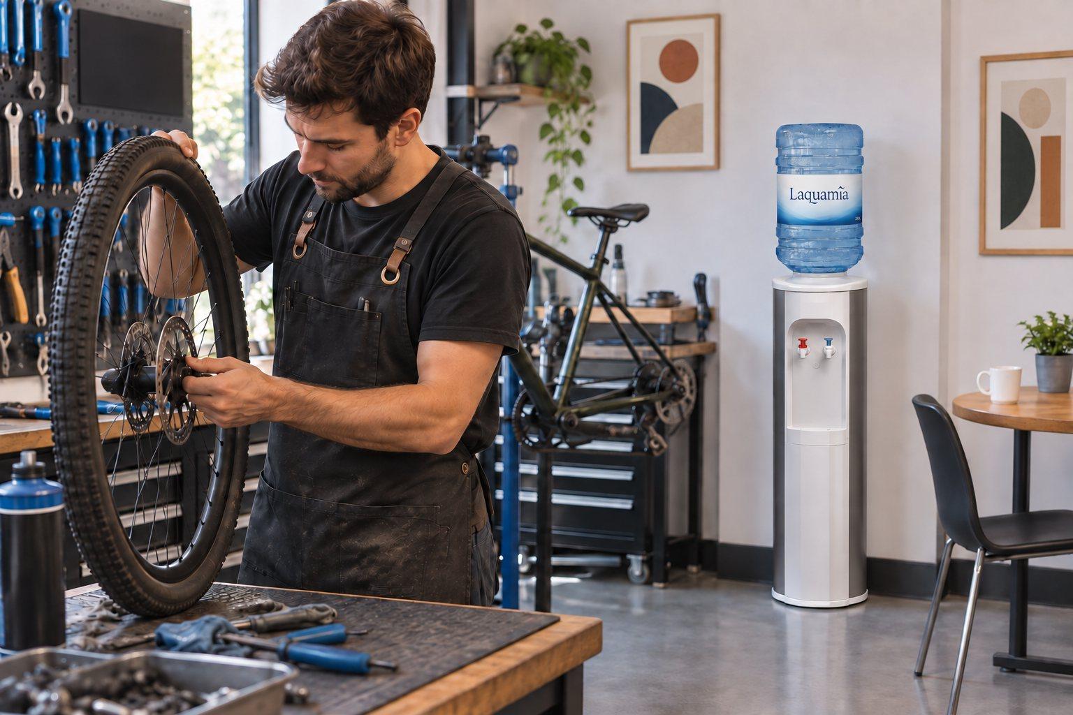 Un mecánico repara una rueda en un taller de bicis; al fondo, el dispensador con una garrafa de Laquamía