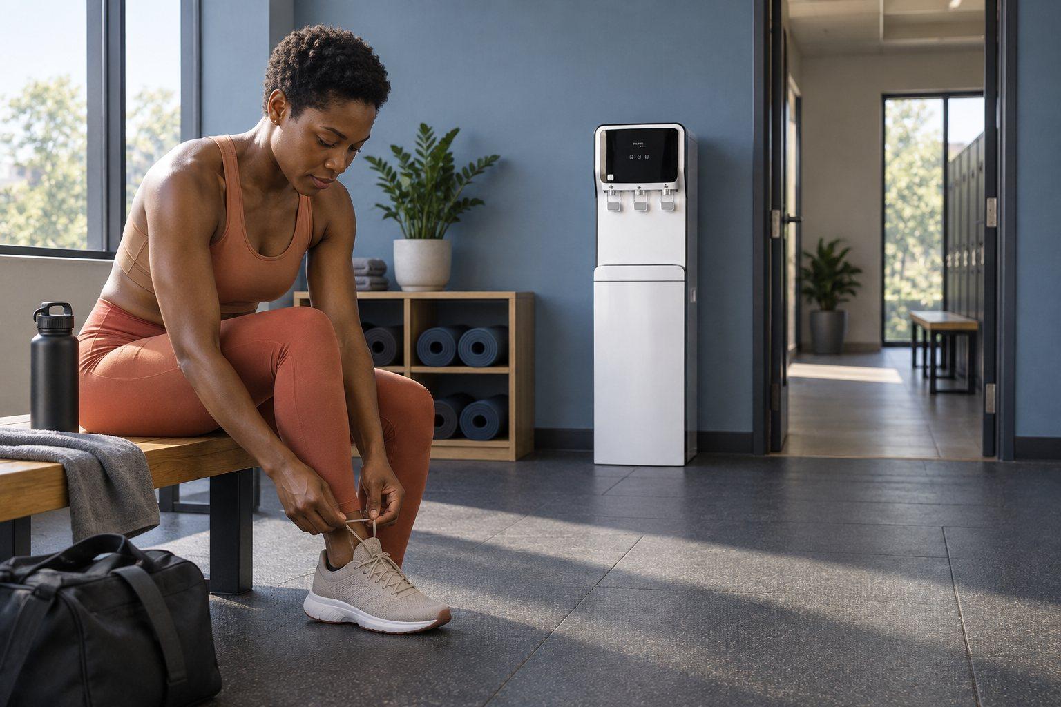 Una mujer se ata las zapatillas en un gimnasio; al fondo, una fuente de agua de pie