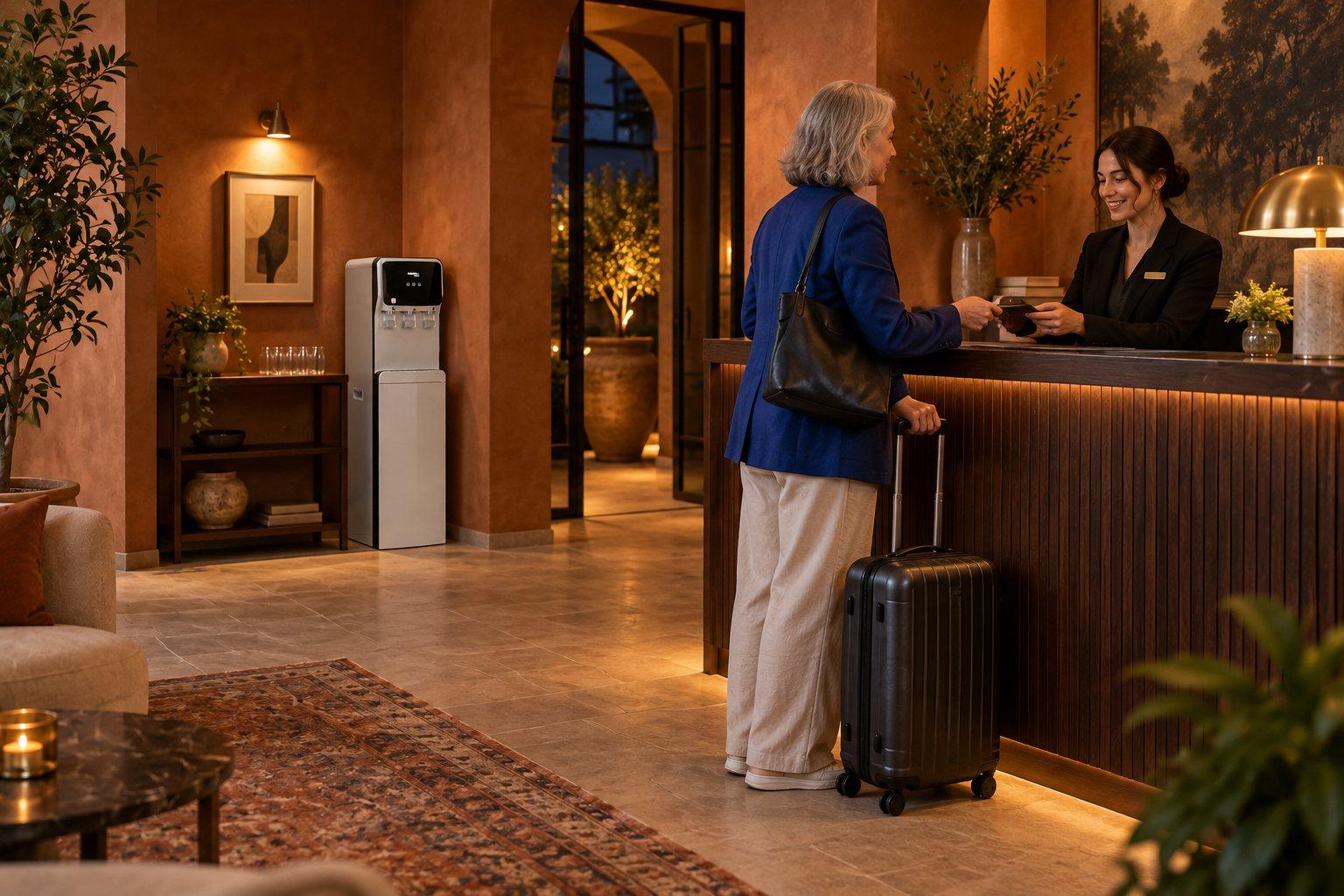 Una viajera con maleta en la recepción de un hotel; al fondo, una fuente de agua de pie