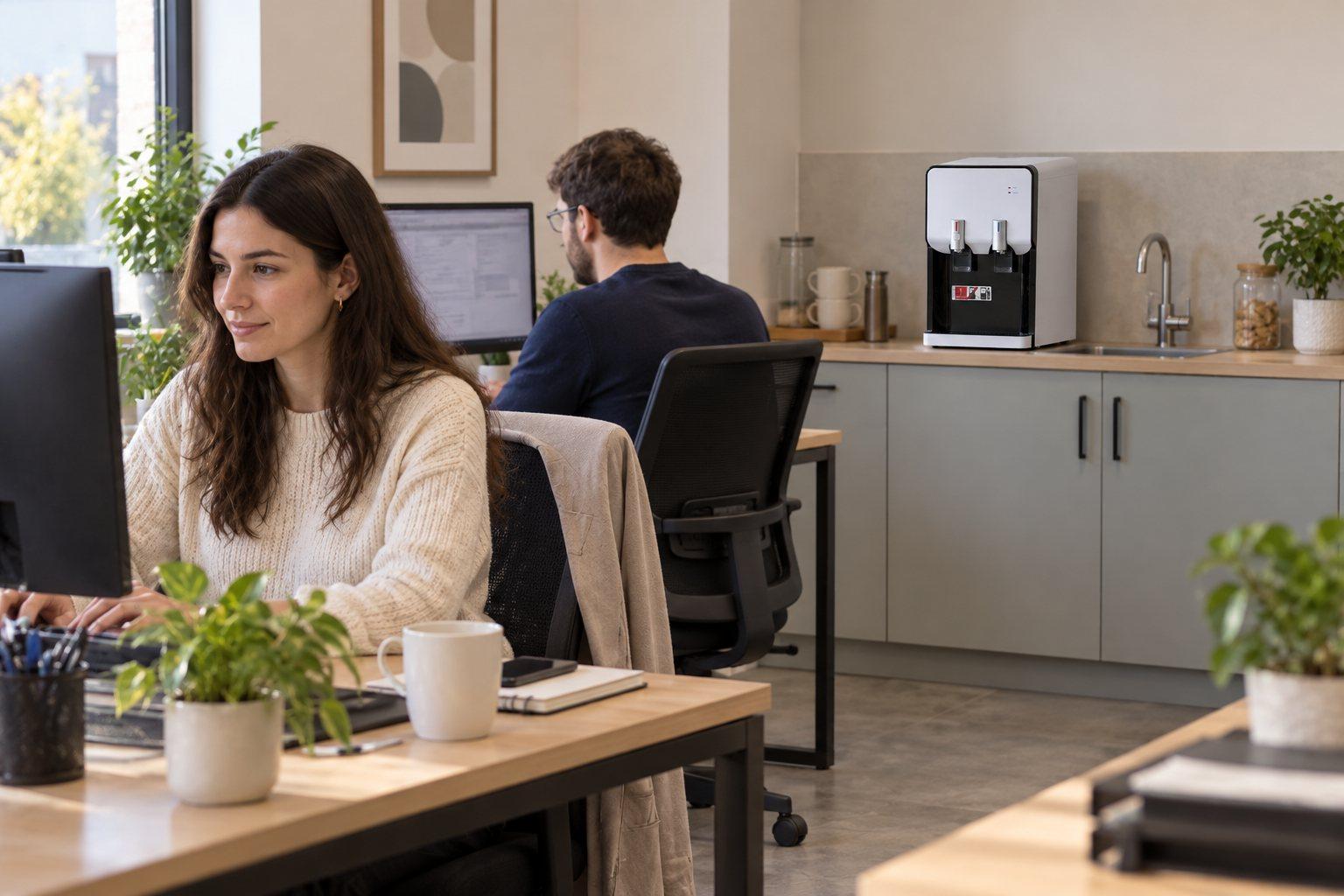 Dos personas trabajan en una oficina; al fondo, una fuente de agua de sobremesa en la encimera de la cocina
