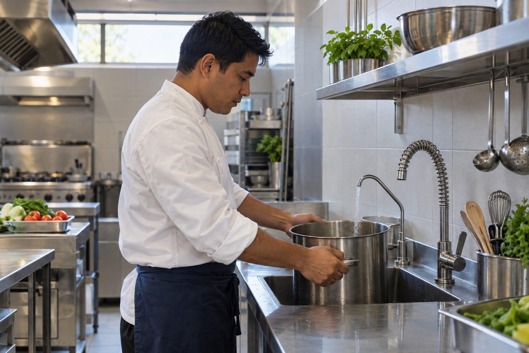 Un cocinero llena una olla en el grifo del agua de beber de la cocina de un restaurante pequeño