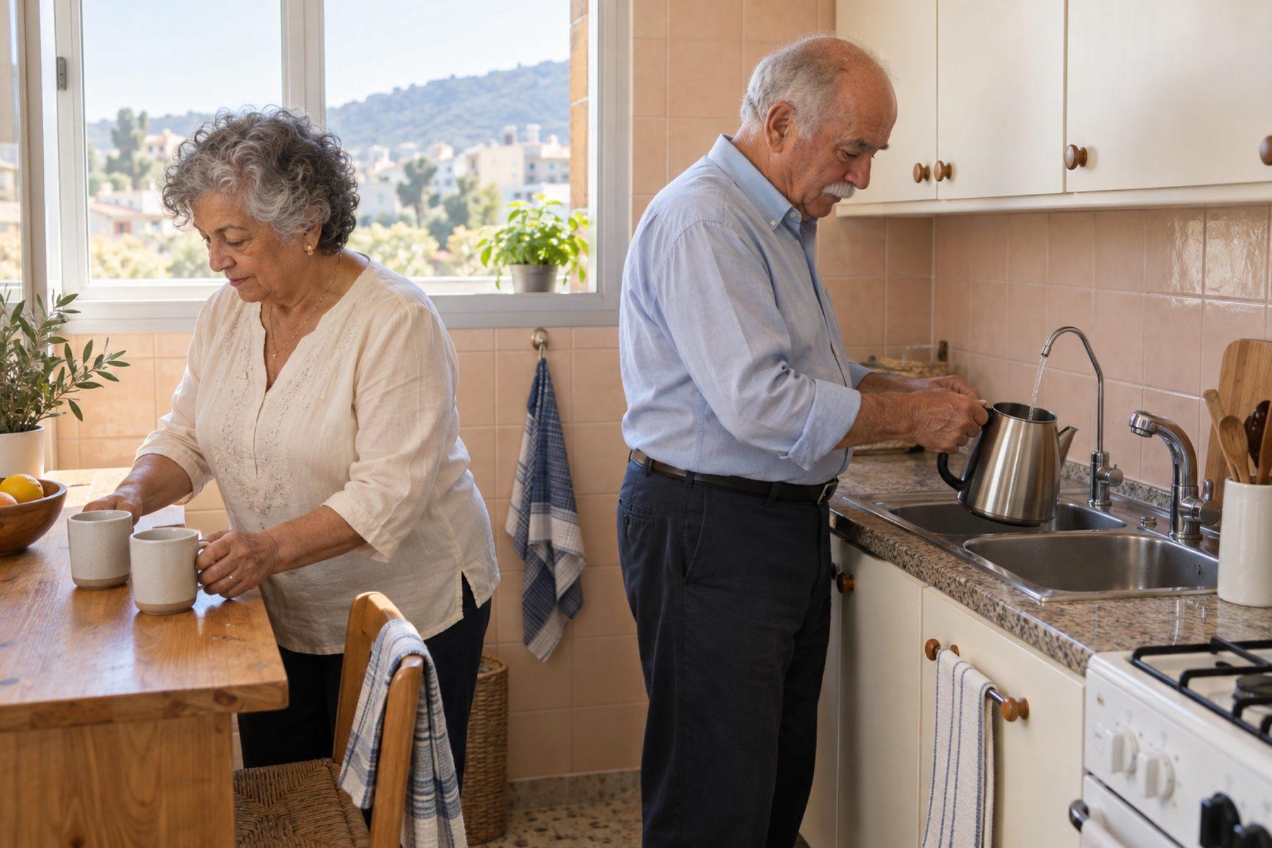 Una pareja mayor prepara infusiones con agua del grifo en su cocina
